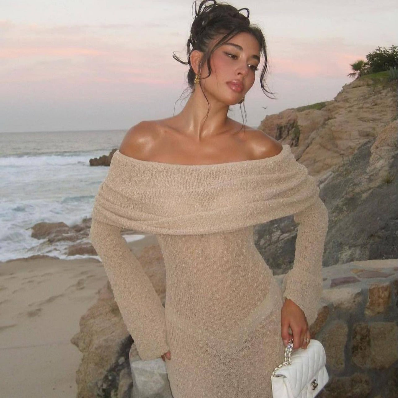 Women's Off Shoulder Glitter Knit Long Dress, Women's Sheer Party Dress