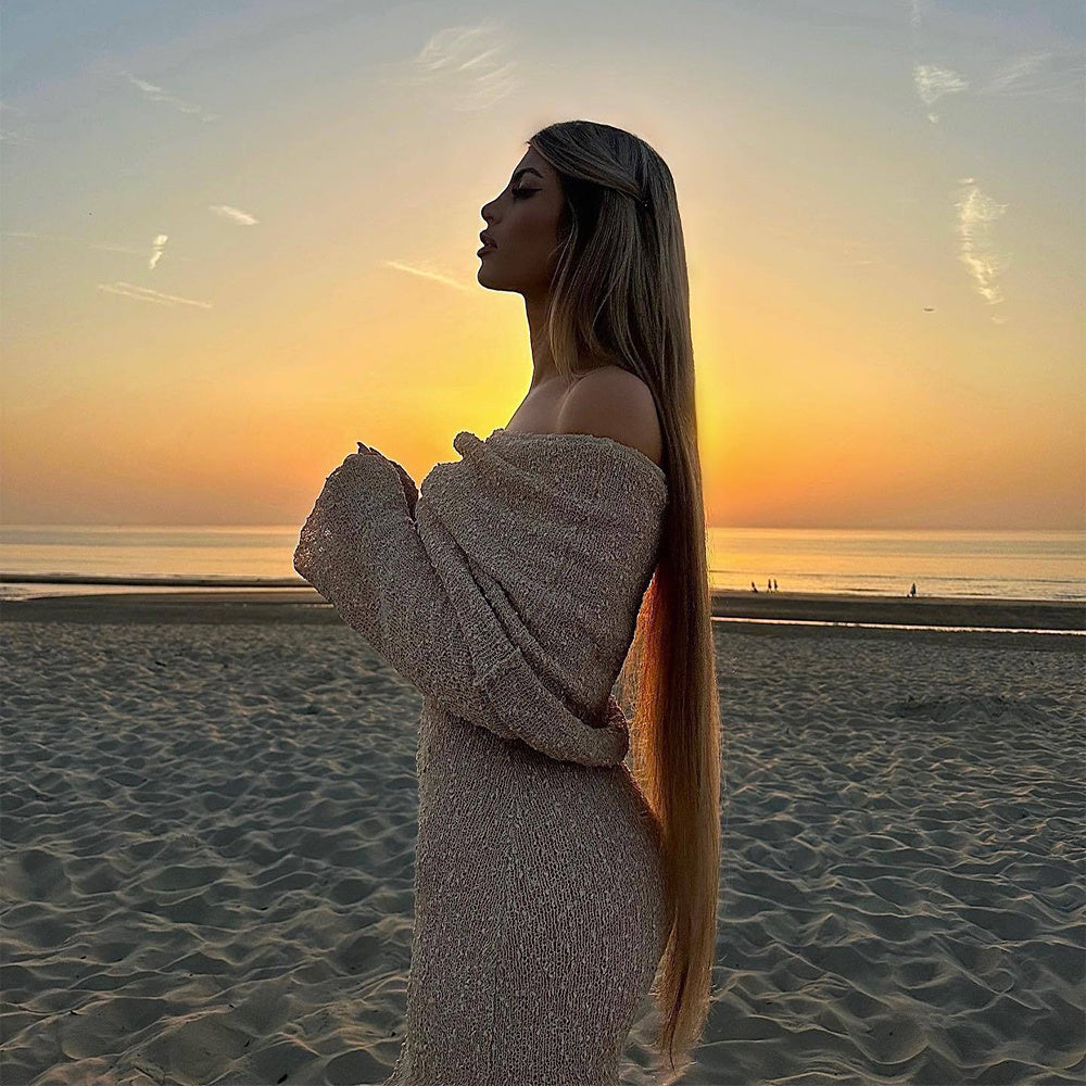 Women's Off Shoulder Glitter Knit Long Dress, Women's Sheer Party Dress