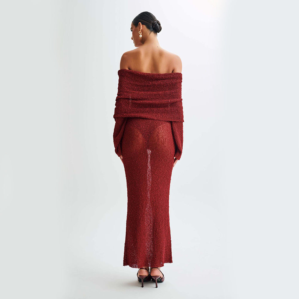 Women's Off Shoulder Glitter Knit Long Dress, Women's Sheer Party Dress