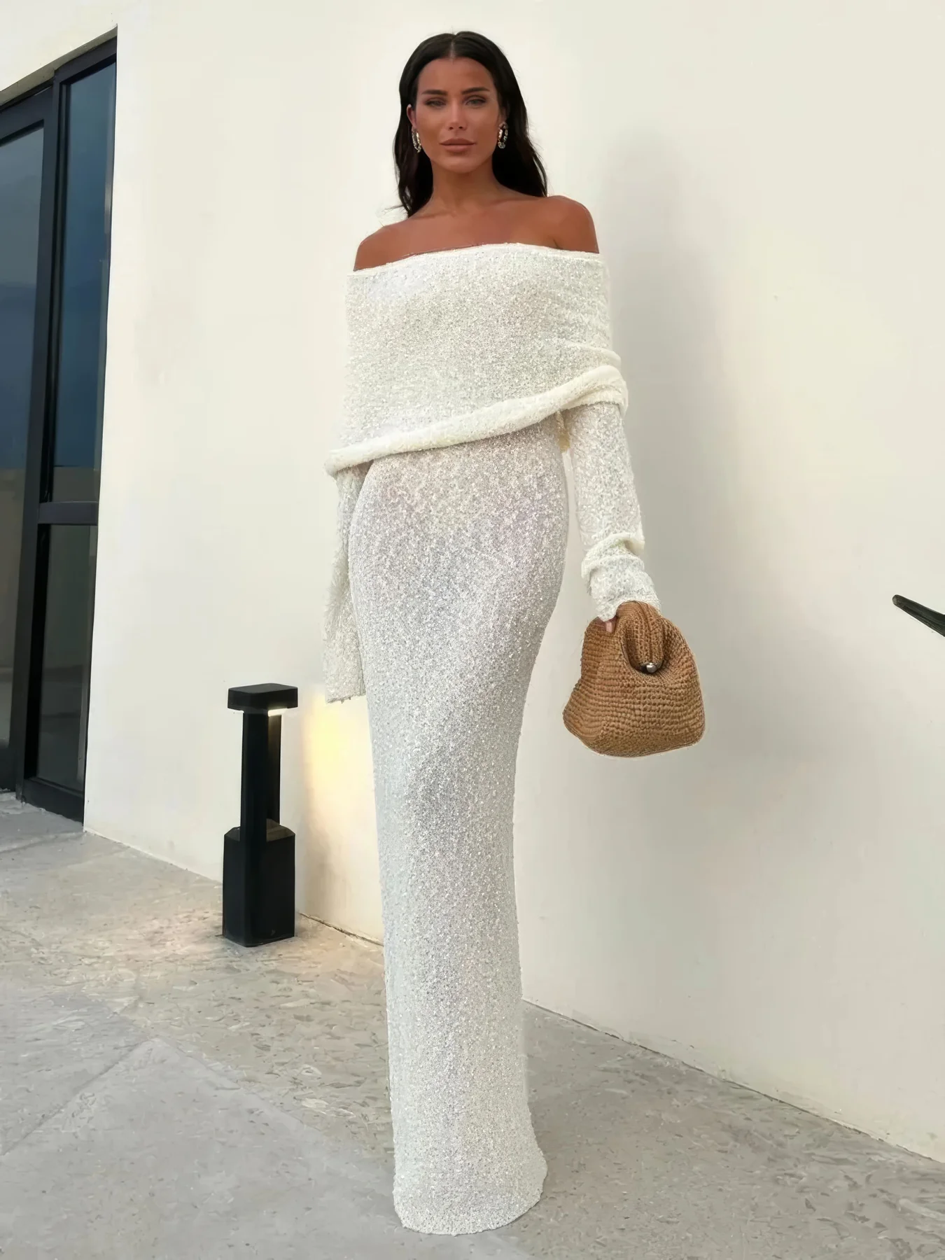 Women's Off Shoulder Glitter Knit Long Dress, Women's Sheer Party Dress