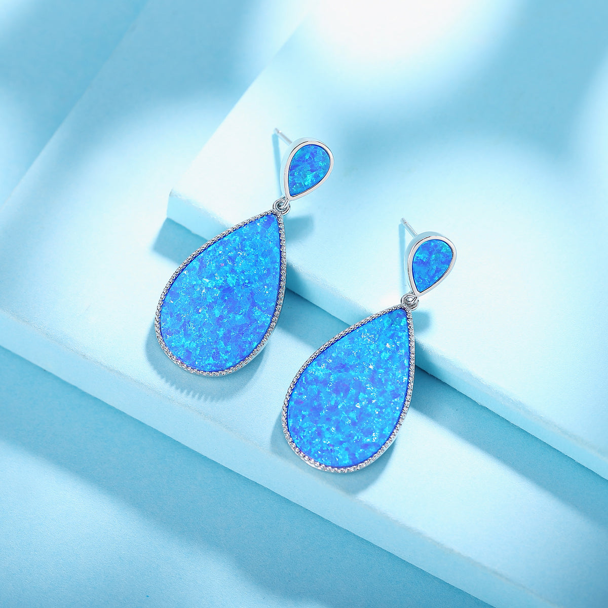 Silver Drop blue Opal Stone Dangle Blue Earrings