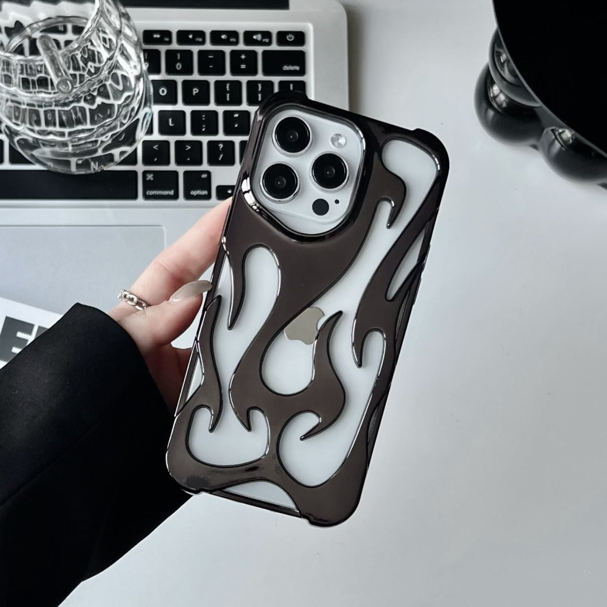 Chrome Flame Shockproof iPhone Case, Metallic Fire Design iPhone Case, Glossy Chrome Flame Case, Reflective Flame Drop-Resistant iPhone Case, 3D Chrome Flame iPhone Case kocsend.com