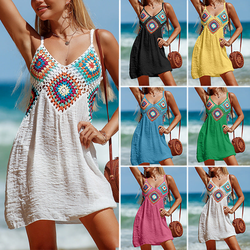 Bohemian V-Neck Sleeveless Beach Dress with Colorful Pattern Stitching