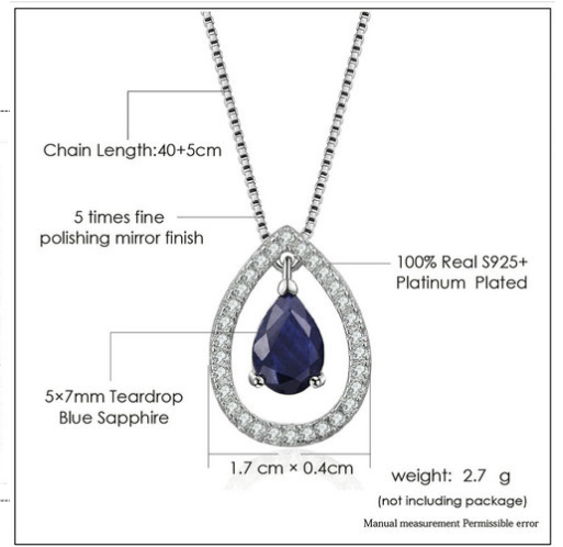 Ladies 925 Sterling Silver Necklace Sapphire Pendant