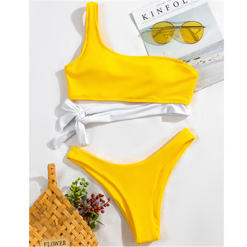 European And American Bikini Solid Color Split Sexy Strappy Swimsuit