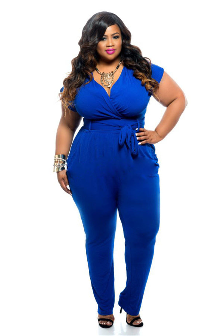 Sexy Plus Size V-Neck Women's Clothing Solid Color Jumpsuit