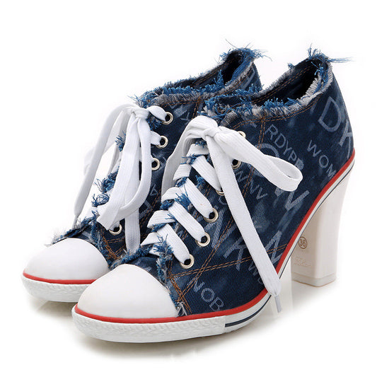 Spring And Autumn All-match Fashionable Camouflage Shoes Women Korean Denim High Heels