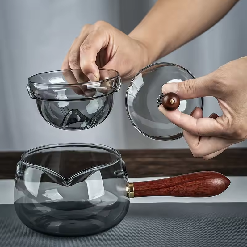 Glass Teapot With Wooden Handle, Gray Glass Teapot, Transparent Teapot