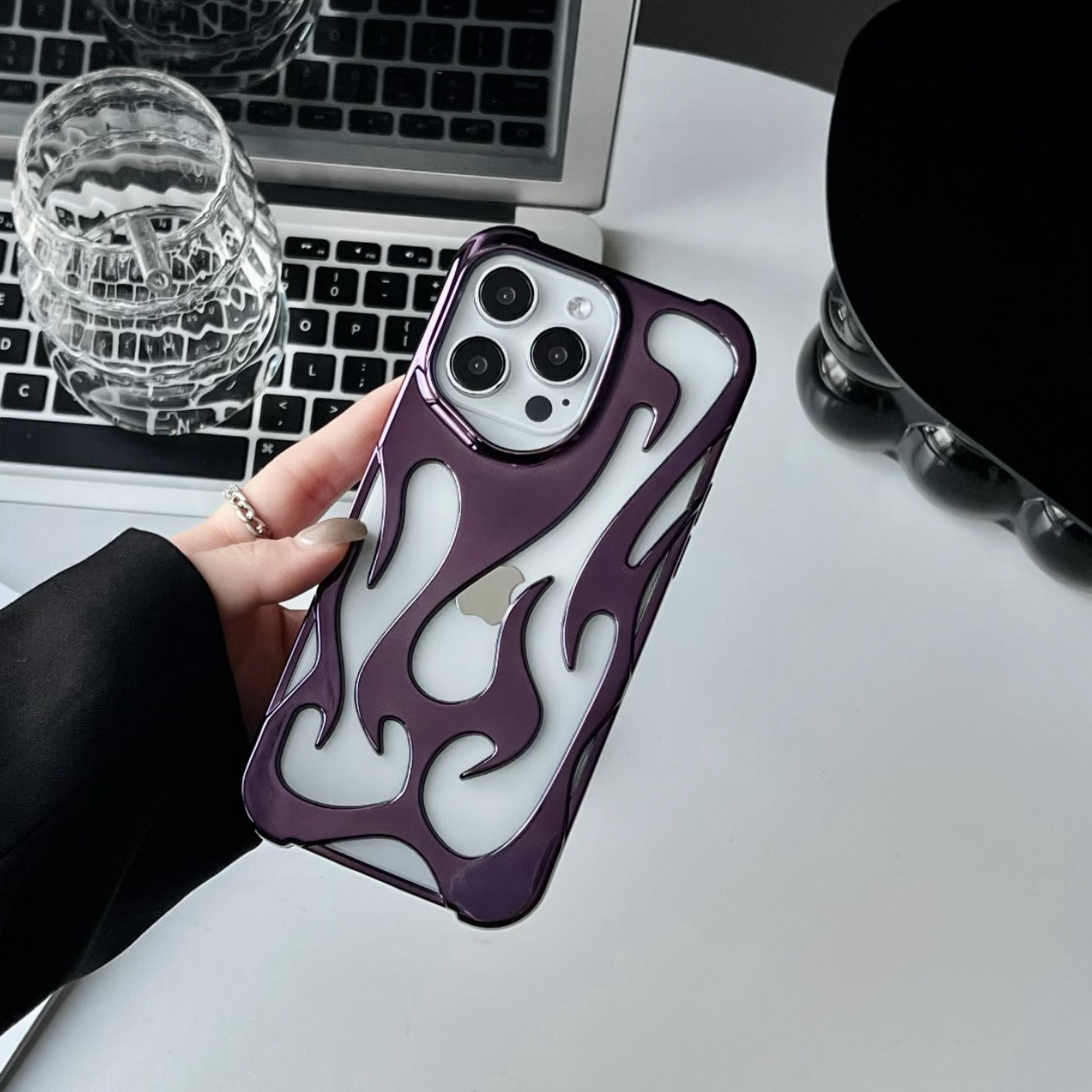 Chrome Flame Shockproof iPhone Case, Metallic Fire Design iPhone Case, Glossy Chrome Flame Case, Reflective Flame Drop-Resistant iPhone Case, 3D Chrome Flame iPhone Case kocsend.com