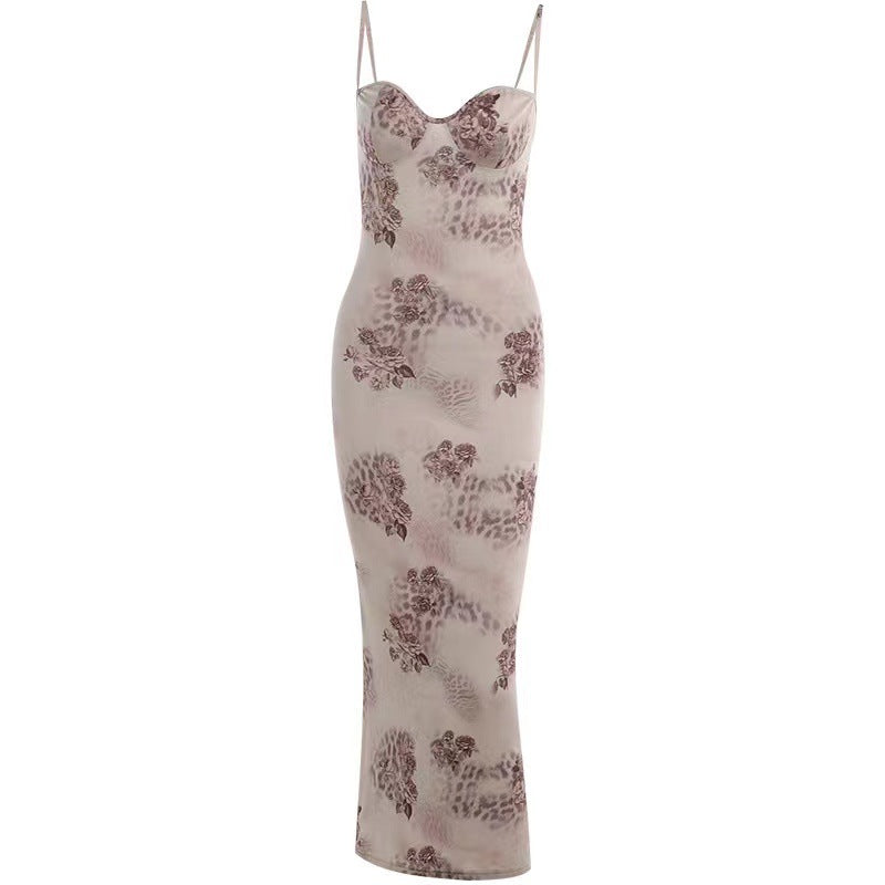 Women's Slim-fit Floral Print Dress With Suspenders