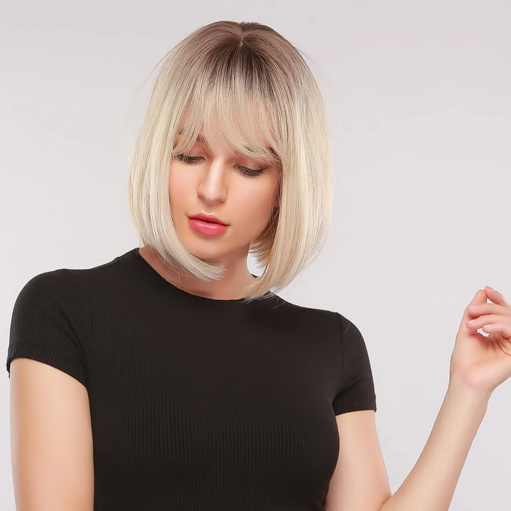 Women Short Straight Bob Wig - Black Roots & Platinum Blonde Synthetic