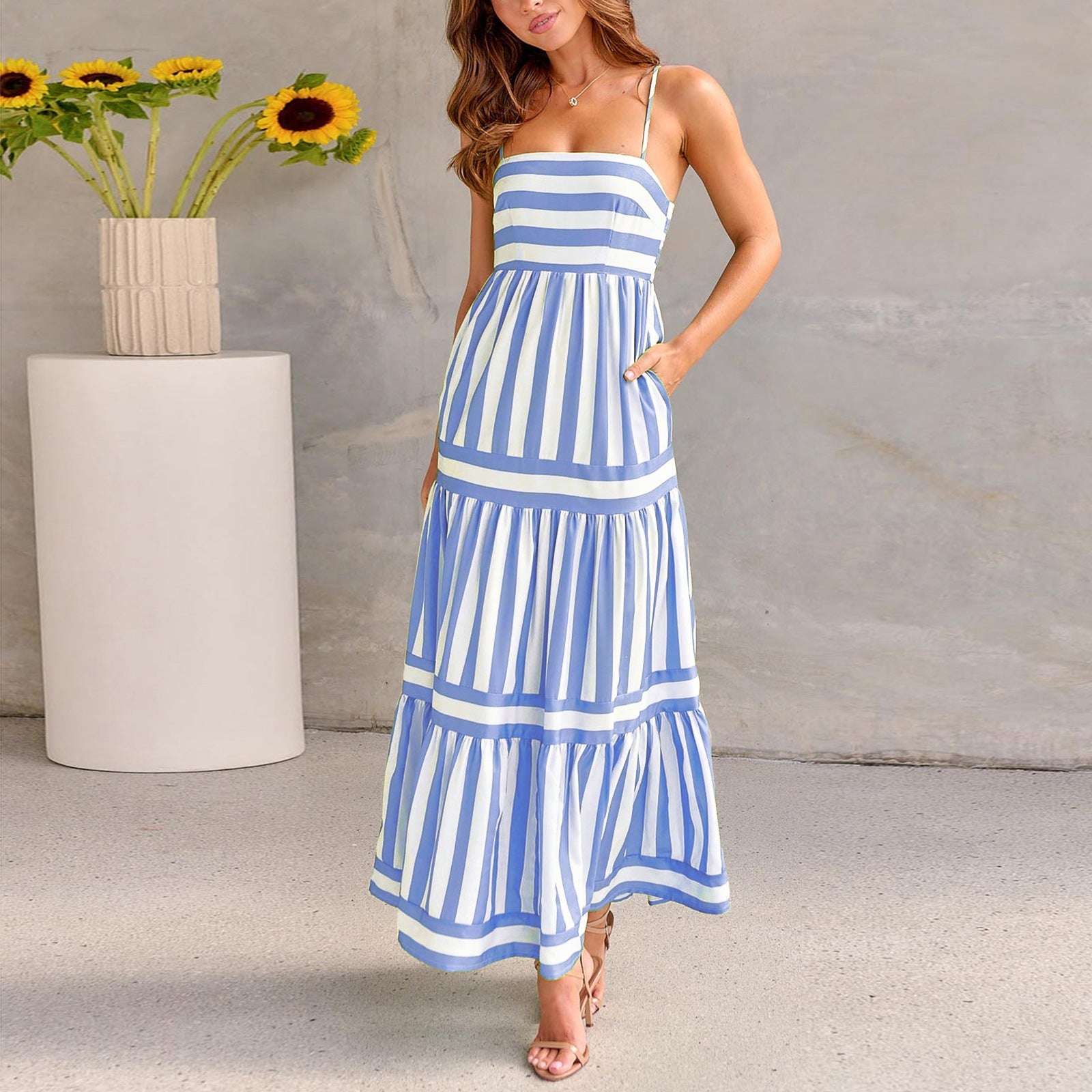 Summer Striped Printed Suspender Long Dress With Pockets Fashion Square Neck Backless Dresses For Beach Vacation Women Clothing kocsend.com