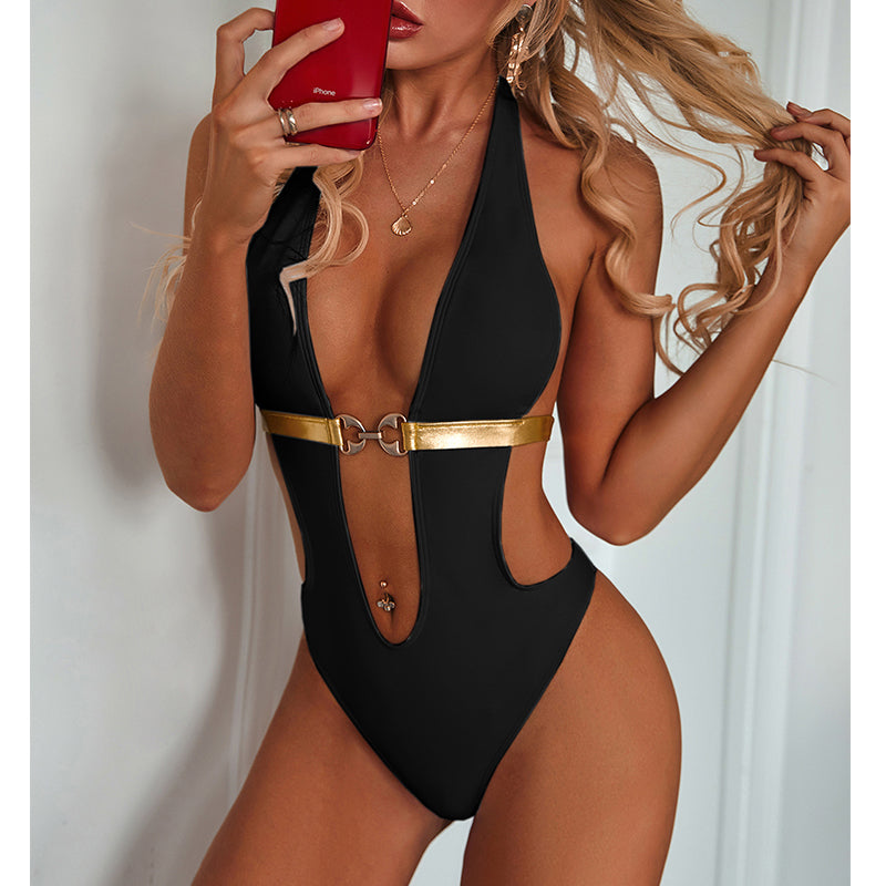 One piece swimsuit with metal buckle