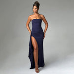Women’s Strapless High Slit Maxi Evening Dress, Women’s Formal Strapless Maxi Evening Dress, Women’s Prom Strapless Maxi Evening Dress