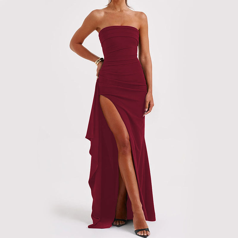 Women’s Strapless High Slit Maxi Evening Dress, Women’s Formal Strapless Maxi Evening Dress, Women’s Prom Strapless Maxi Evening Dress