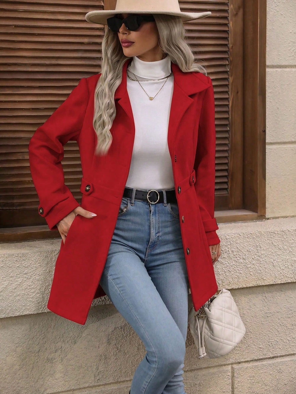 Elegant Single-breasted Woolen Coat Buttons Lapel Mid-length Jacket Temperament Commuter Outwear Clothing For Women kocsend.com