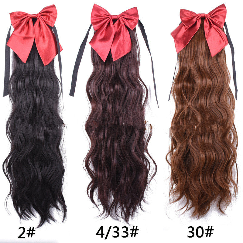 red bow ponytail wig women's long hair ribbon wig ponytail