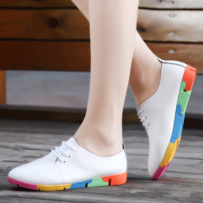 Spring and Autumn New Korean style lace leather small white shoes, women flat bottom single shoes, pointed deep soft bottom leisure student shoes