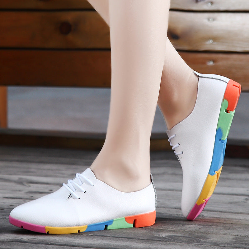 Spring and Autumn New Korean style lace leather small white shoes, women flat bottom single shoes, pointed deep soft bottom leisure student shoes