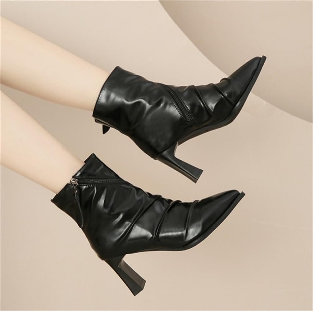 women's upper Pleated Pointed toe heels short Boots