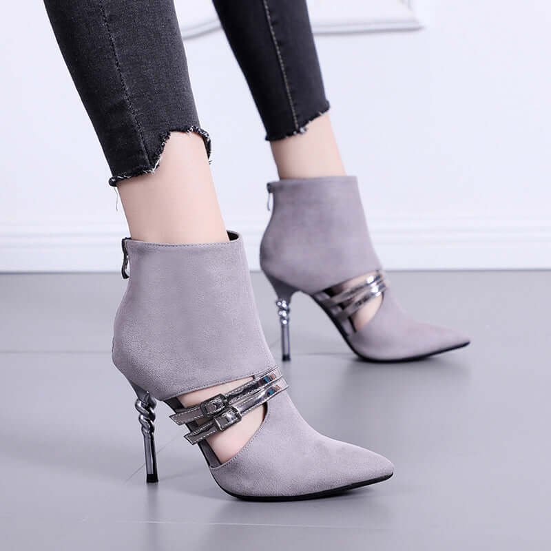 women's pointed toe high-heeled boots with metal details