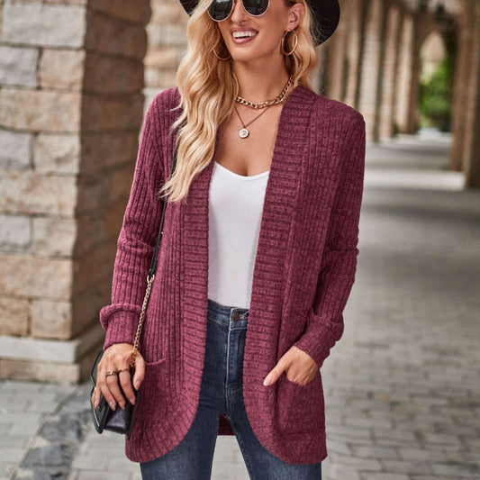 Solid Color Rib Fabric Sanding Casual Patchwork Long Sleeve Cardigan Jacket