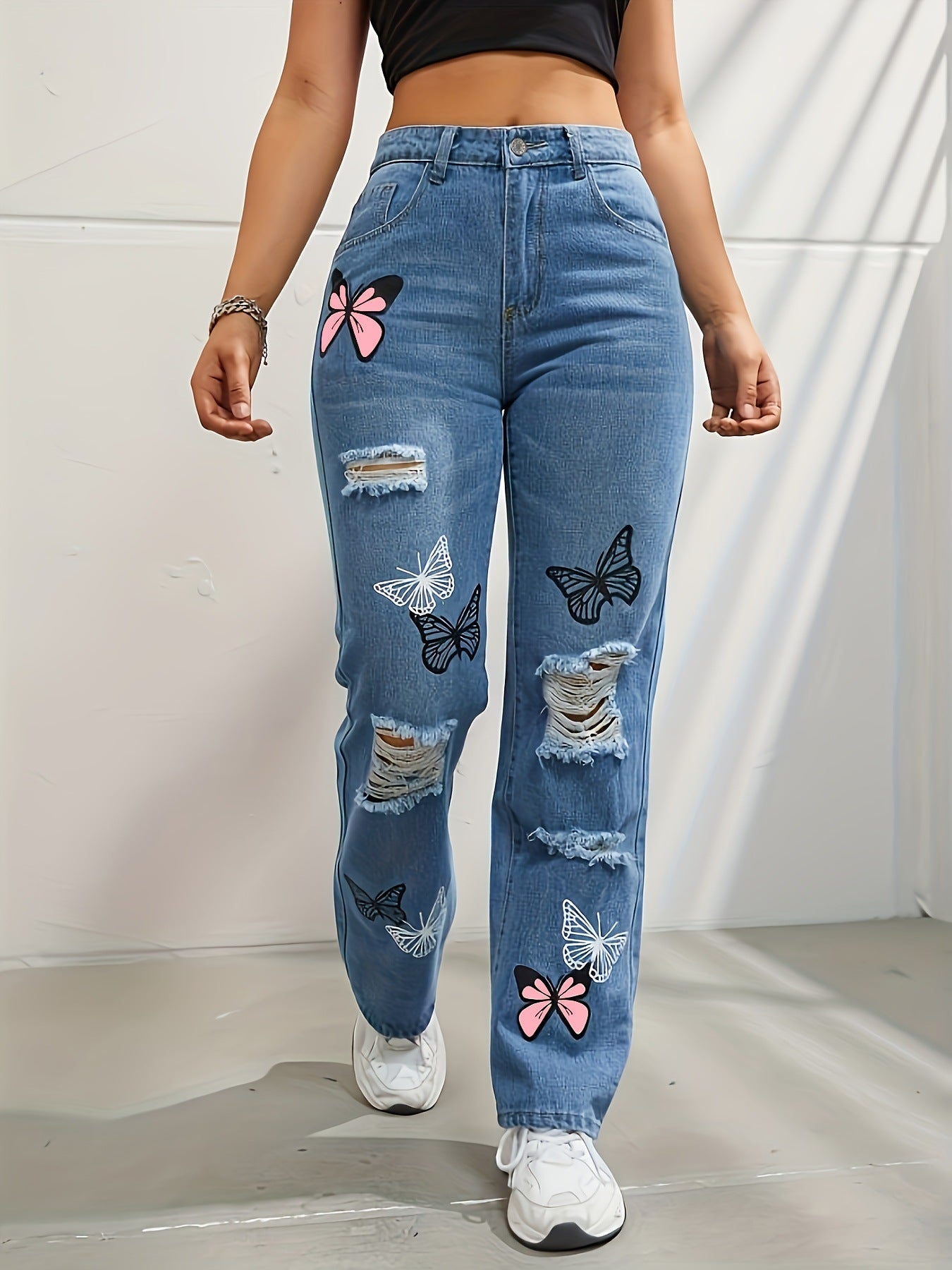 Butterfly Printed Ripped Distressed Jeans