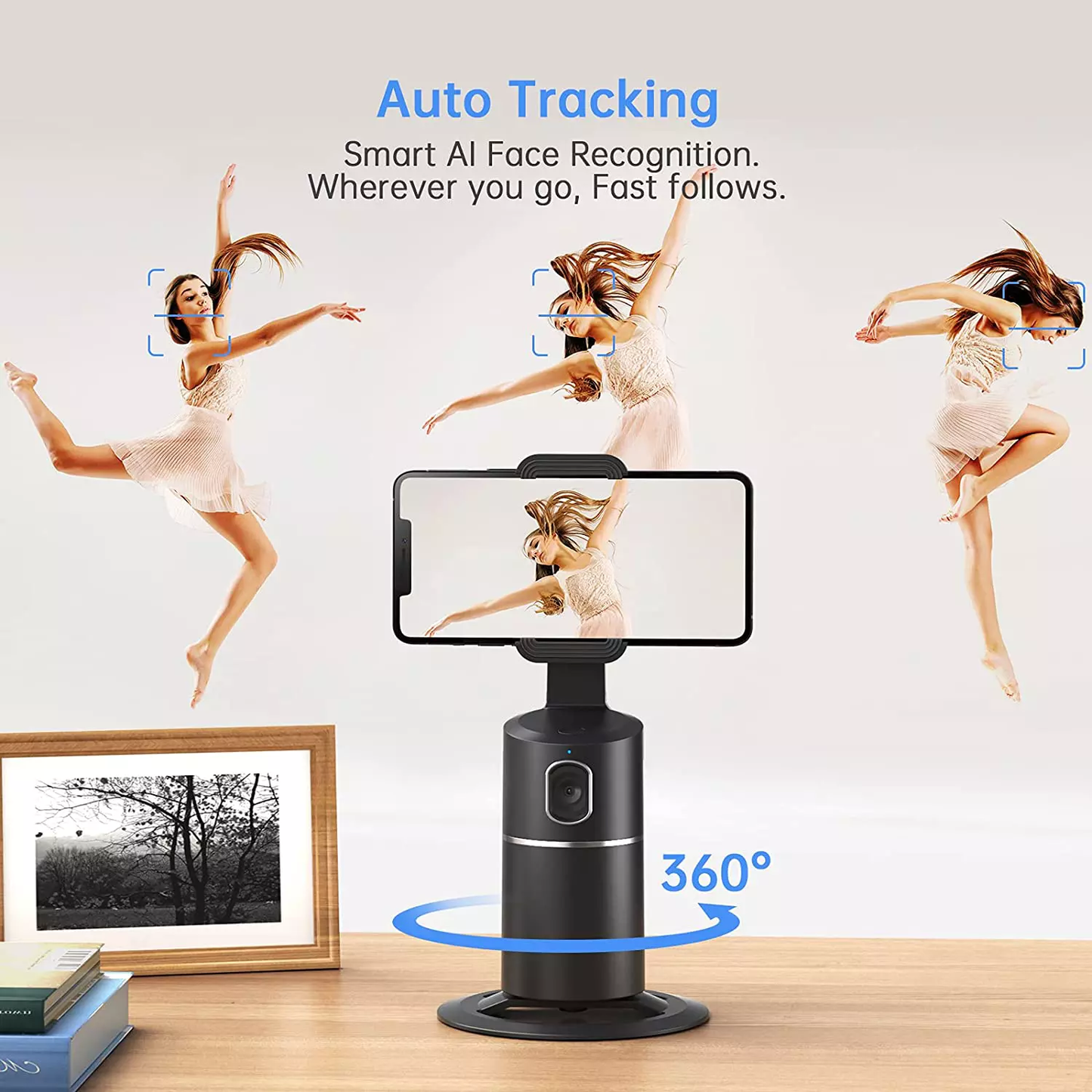 Automatic Face Tracking Selfie Stick, 360 degree rotating Cell Phone holder