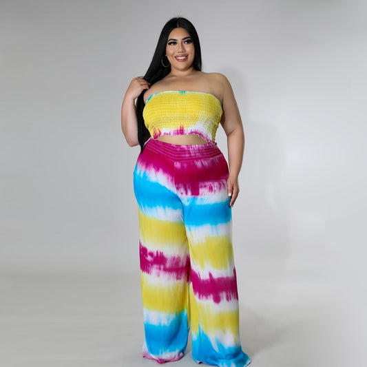 Women's Tie-dye Print Chest-wrapped Backless Plus Size Two-piece Suit