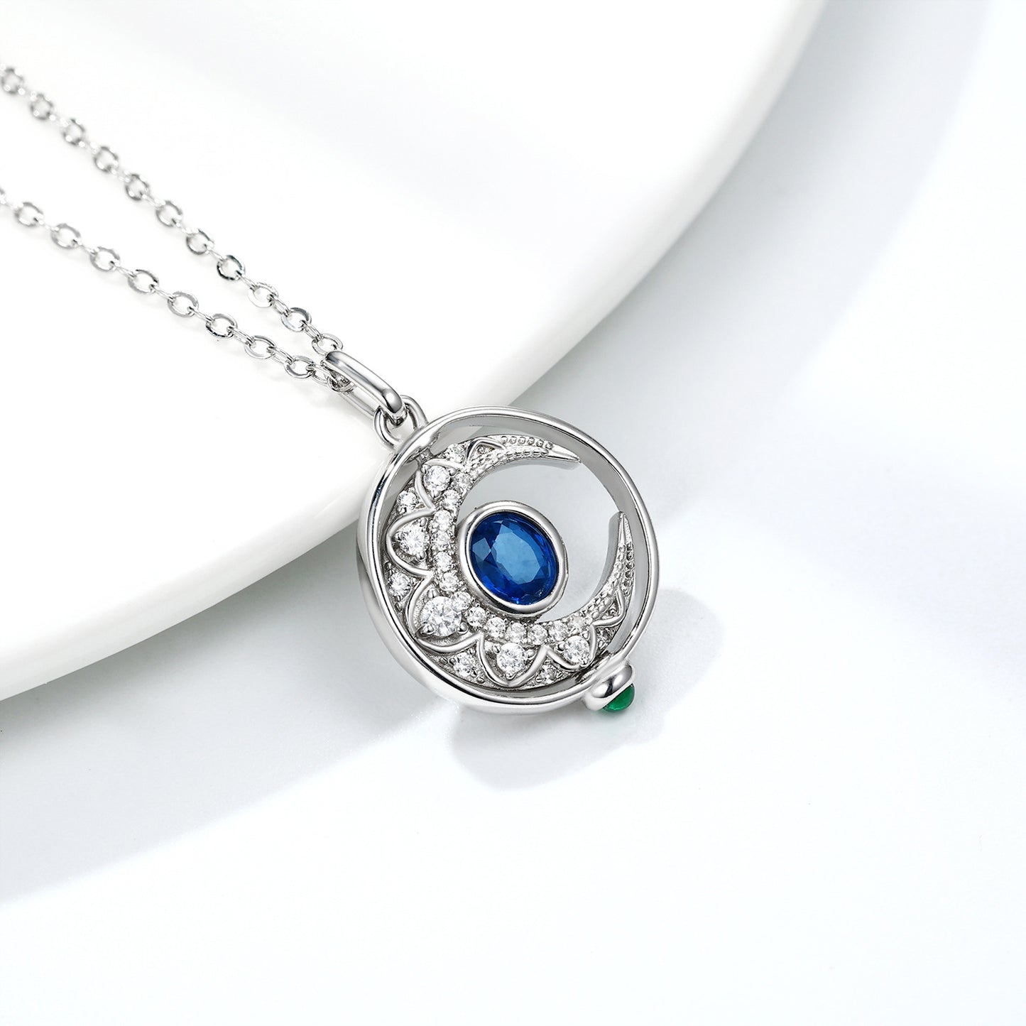 S925 sterling silver necklace & natural sapphire moon spinner necklace