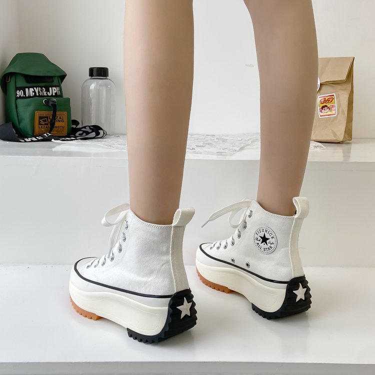 Large Size Women's High-top Canvas Shoes New Korean Style Sports Casual Shoes Versatile Platform Round Toe White Shoes