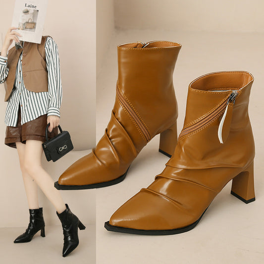 Pleated Fashion Boots Women's Pointed Chunky Heel