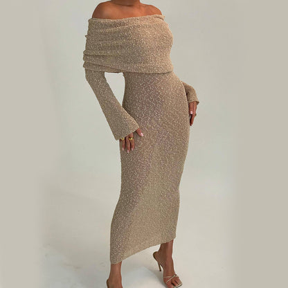 Women's Off Shoulder Glitter Knit Long Dress, Women's Sheer Party Dress