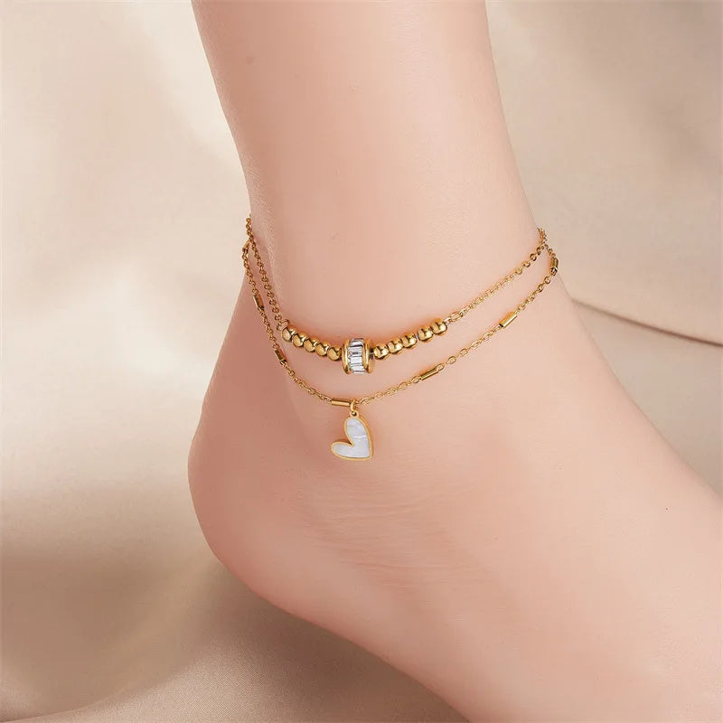 double layer anklet with heart charm