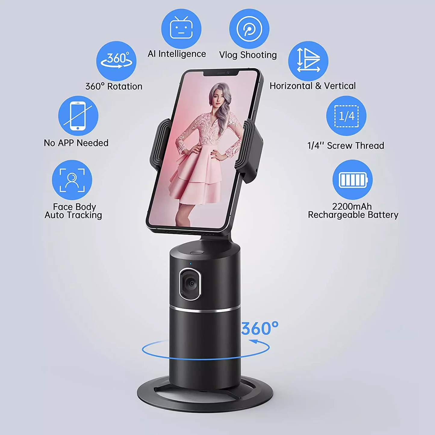 Automatic Face Tracking Selfie Stick, 360 degree rotating Cell Phone holder