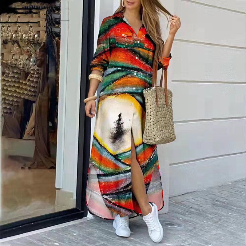 Womens Fashion Long Sleeve Printed  Long Dress