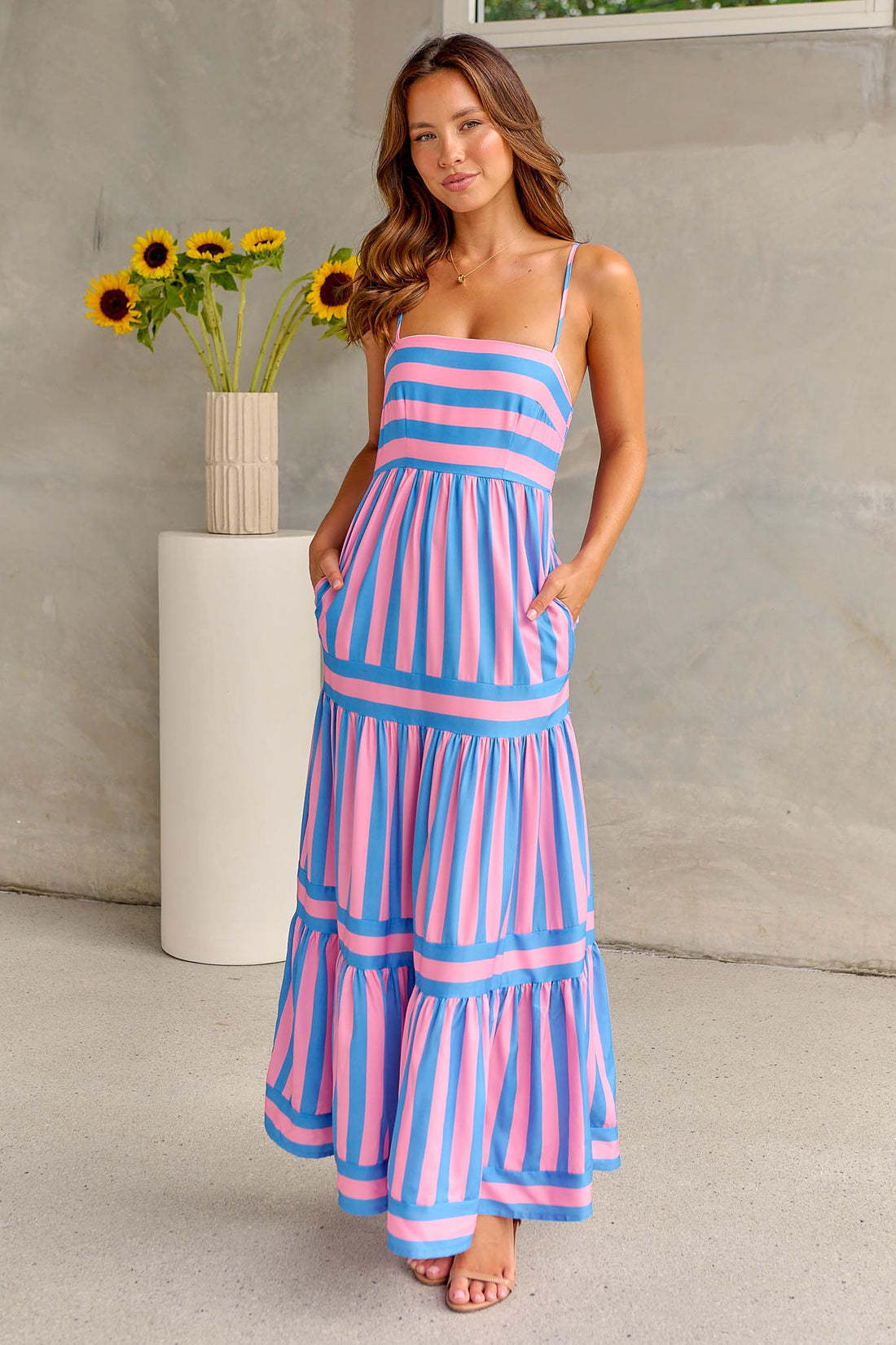 Summer Striped Printed Suspender Long Dress With Pockets Fashion Square Neck Backless Dresses For Beach Vacation Women Clothing kocsend.com