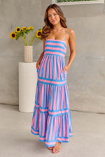 Summer Striped Printed Suspender Long Dress With Pockets Fashion Square Neck Backless Dresses For Beach Vacation Women Clothing kocsend.com