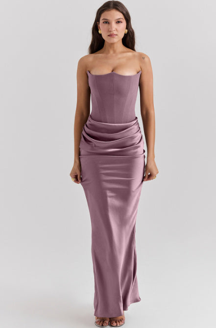 Women’s Strapless Satin Maxi Evening Dress, Women’s Slim Fit Satin Evening Dress, Women’s Satin Corset Strapless Evening Dress, Women’s Draped Waist Satin Maxi Evening Dress, Women’s High Waist Satin Maxi Evening Dress kocsend.com