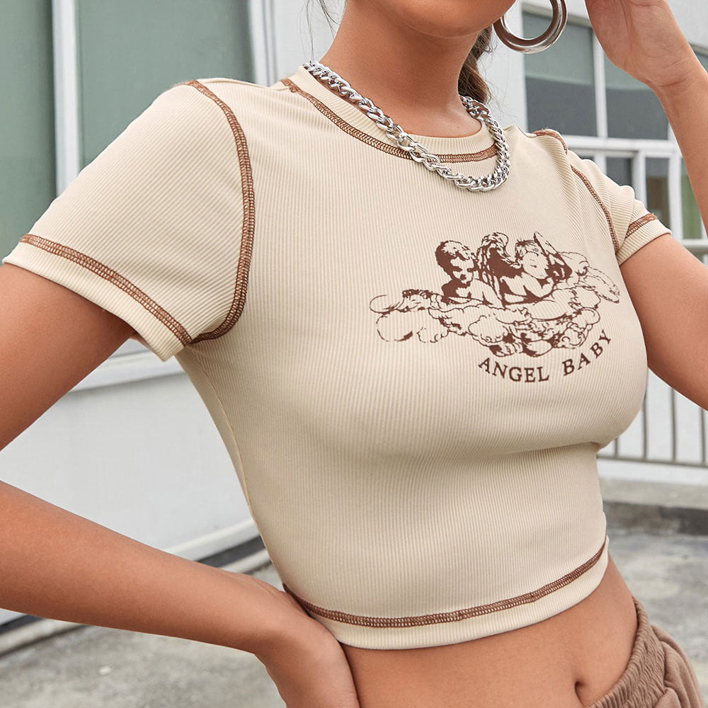 Women's Fashion Angel Print Slim Short-sleeved