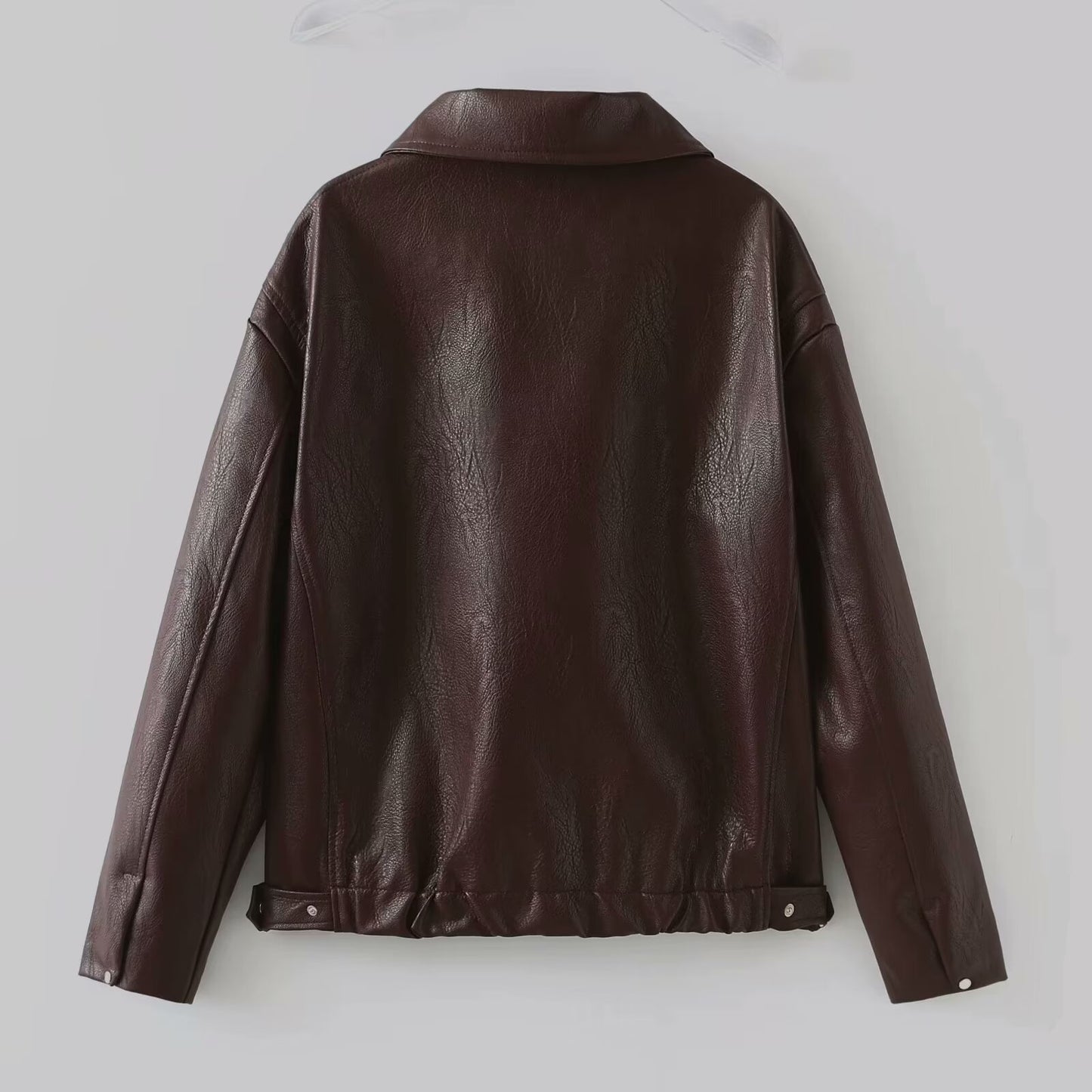 Solid Colour Collar Zip Jacket Women & Long Sleeve Leather Coat Top