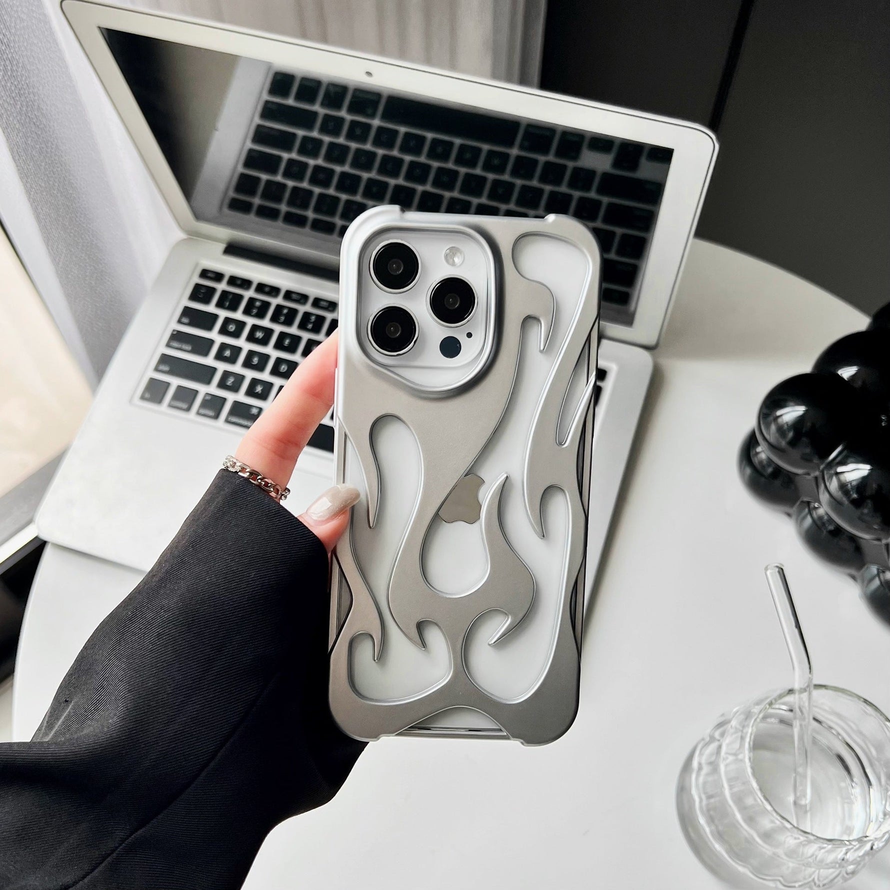 Chrome Flame Shockproof iPhone Case, Metallic Fire Design iPhone Case, Glossy Chrome Flame Case, Reflective Flame Drop-Resistant iPhone Case, 3D Chrome Flame iPhone Case kocsend.com