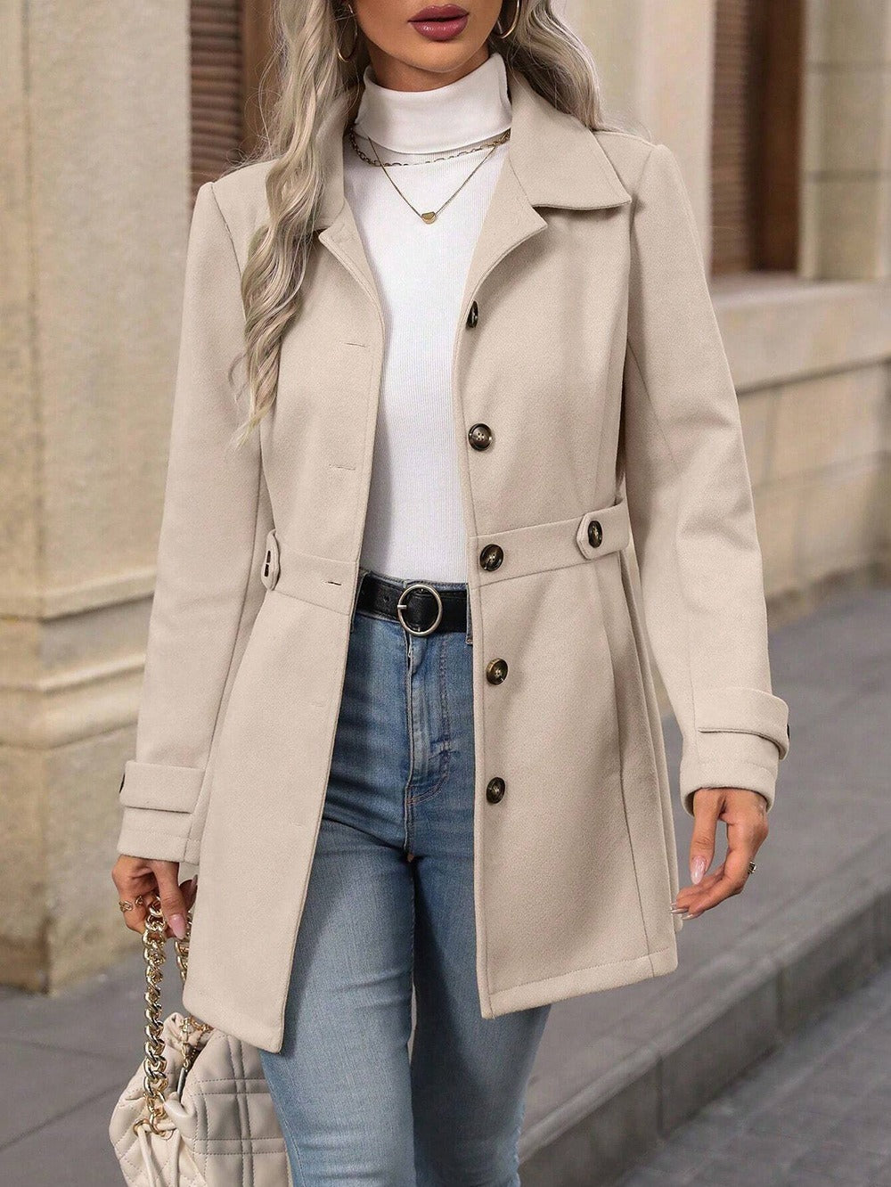 Elegant Single-breasted Woolen Coat Buttons Lapel Mid-length Jacket Temperament Commuter Outwear Clothing For Women kocsend.com