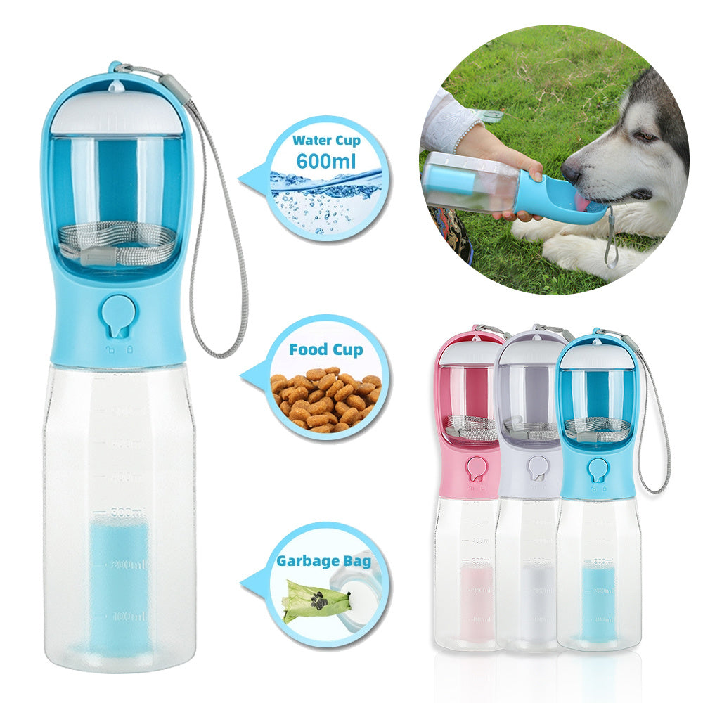 3-in-1 Portable Pet Water Bottle, Food Feeder, and Poop Dispenser - Leak-Proof Multifunctional Dog Water Bottle