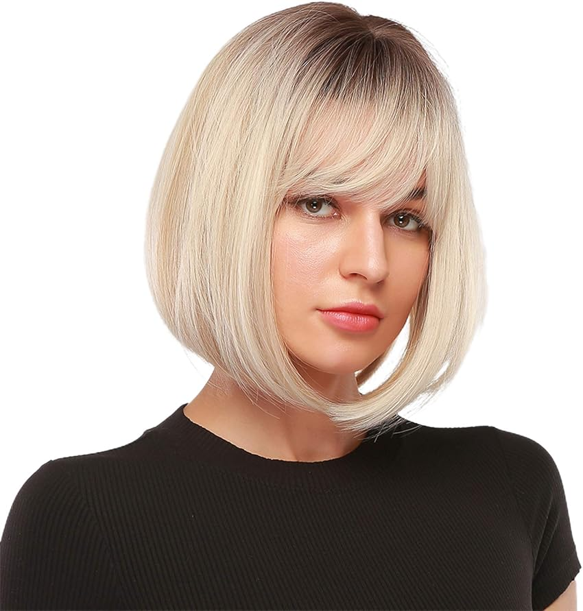 Women Short Straight Bob Wig - Black Roots & Platinum Blonde Synthetic