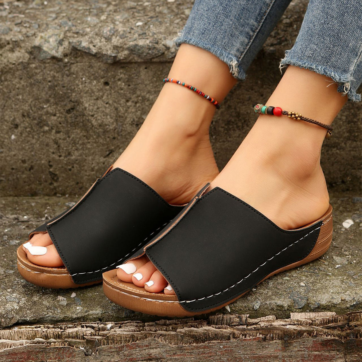 Fashion Solid Wedges Sandals Summer Casual Peep-toe Slippers Outdoor Thick Sole Heightening Slides Shoes Women