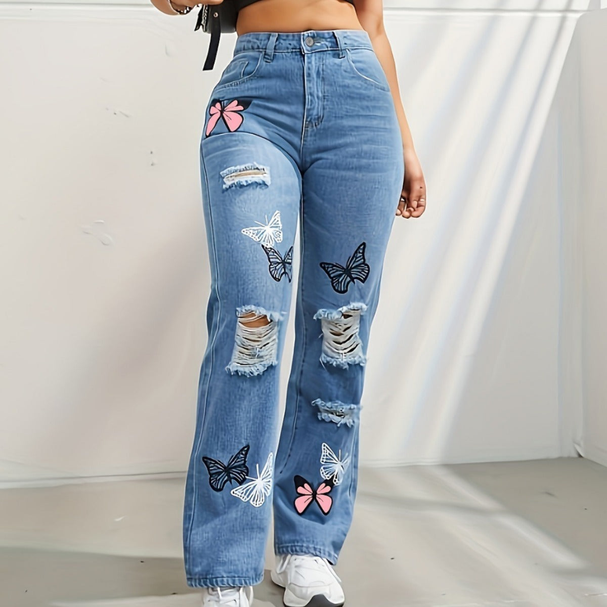 Butterfly Printed Ripped Distressed Jeans