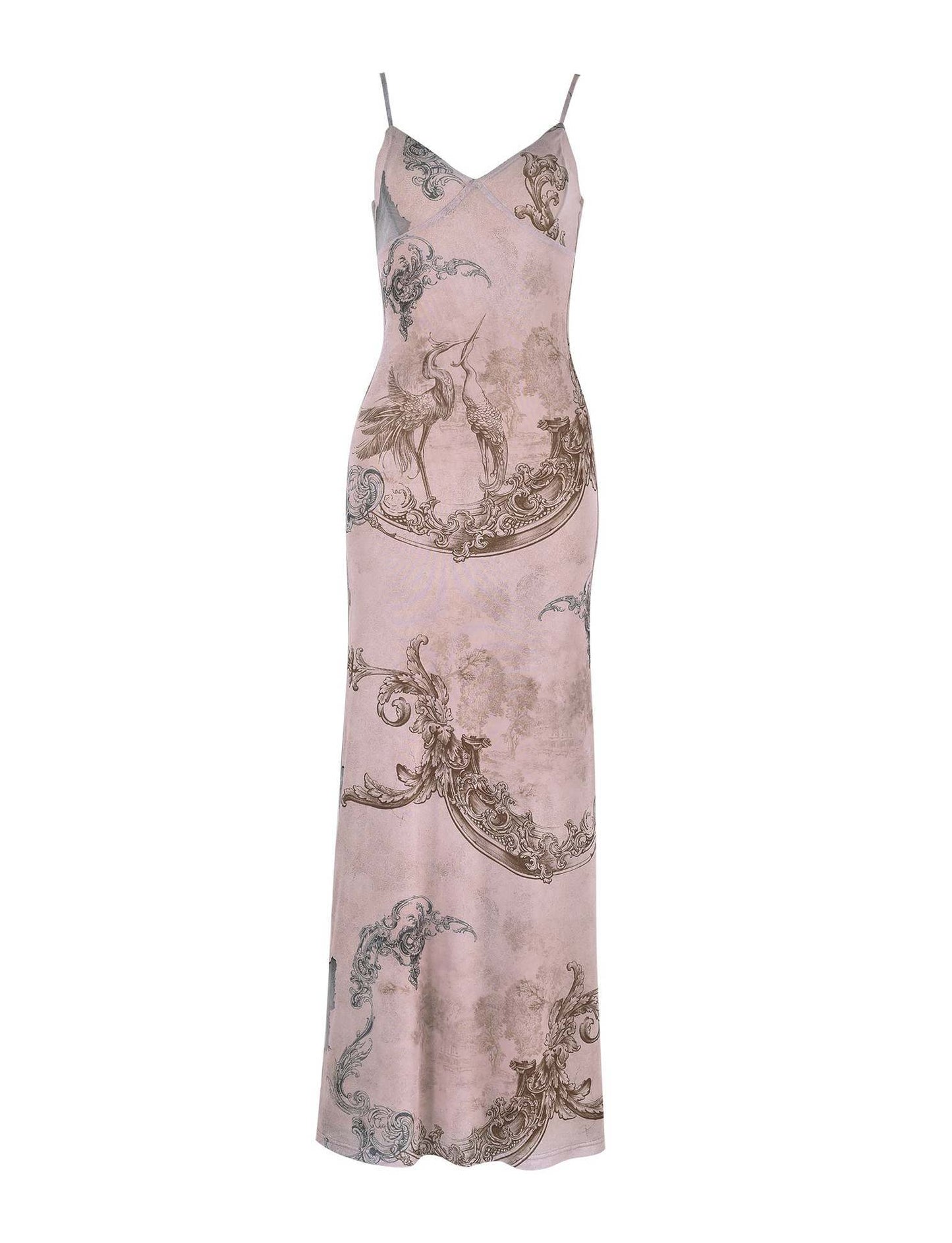 women floral print strappy deep V-neck bodycon maxi dress