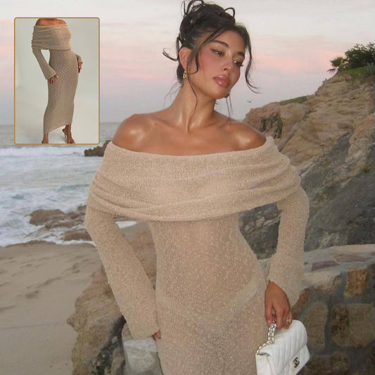 Open Shoulder Knitted Long Sleeve Dress