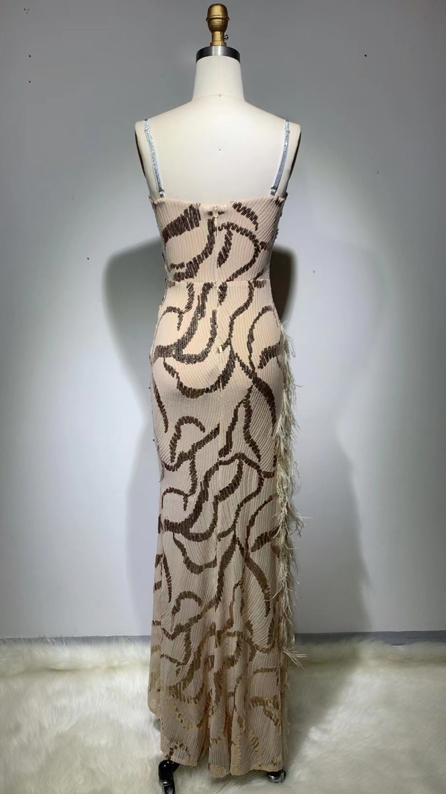 Fashion V-strap Backless Elegant Sequined Tight Split Feather Dress